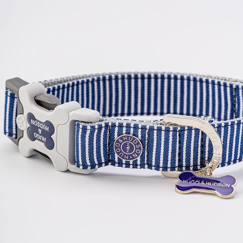 HUGO & HUDSON Dog Collar, Adjustable Nylon Pet Collar with Safety Buckle, Navy Striped, L...