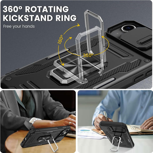 Maxdara for iPhone 15 Case, with Slide Camera Cover & Built-in Rotating Kickstand Ring & Front Glass Screen Protector Phone Case for iPhone 15 6.1...