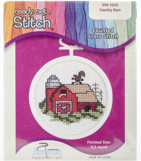 Janlynn 18 Count Round Mini Counted Cross Stitch Kit, 2-1/2-Inch, Barn...