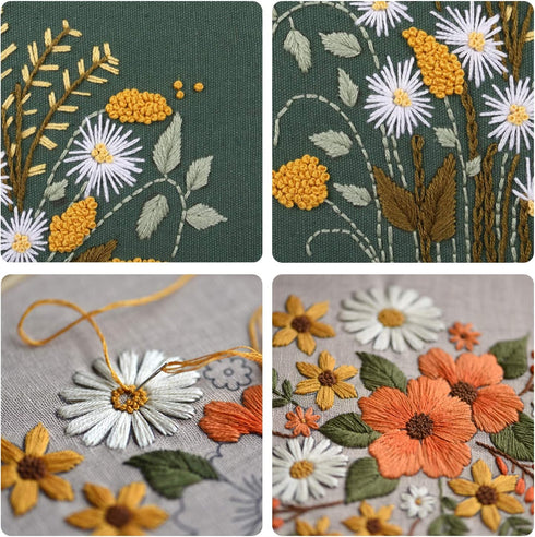 FEPITO 2 Sets Full Range Embroidery Starter Kit with Pattern and Instructions Cross Stitch Kit Includes 2 Pcs Embroidery Clothes with Floral Patte...