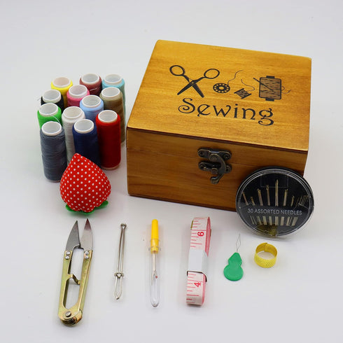 Flytreal Sewing Kit Small Box Basket, Wooden Hand Home Sewing Repair Tool Kit, Beginner Universal Sew Kit Accessories for Women, Men, Adults, Girl...