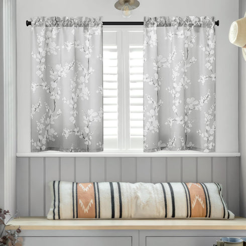 FMFUNCTEX Gray White Bathroom Tier Curtains for Kitchen 36 Inches Long Floral Printed Half Window Panels for Living Room Café Basement Rustic Curt...