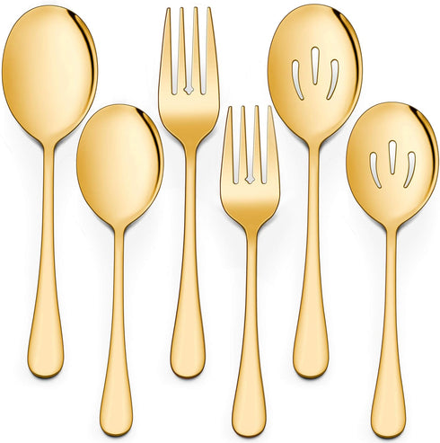 LIANYU 2 Gold Serving Spoons, 2 Gold Slotted Serving Spoons, 2 Gold Serving Forks, 8 3/4 Inch Stainless Steel Buffet Catering Party Banquet Servin...