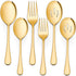 LIANYU 2 Gold Serving Spoons, 2 Gold Slotted Serving Spoons, 2 Gold Serving Forks, 8 3/4 Inch Stainless Steel Buffet Catering Party Banquet Servin...