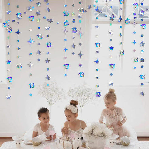 Iridescent 13th Birthday Decorations Number 13 Circle Dot Twinkle Star Garland Metallic Hanging Streamer Bunting Banner Backdrop Girls 13 Year Old...