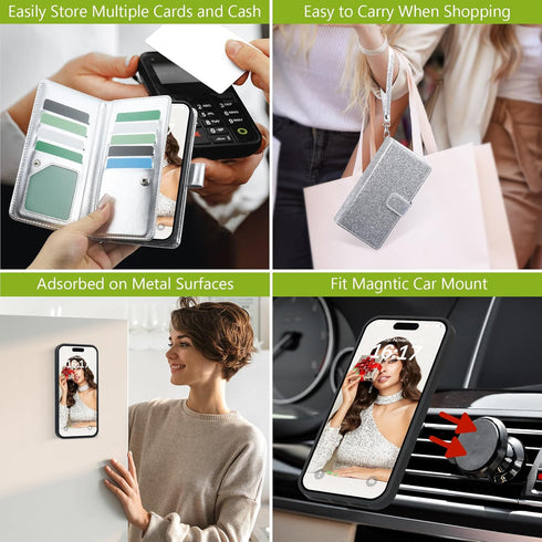 Varikke for iPhone 11 Wallet Case Detachable with Card Holder for Women Girls, Fashion Glitter PU Leather Wrist Strap Strong Magnetic Flip Wallet ...