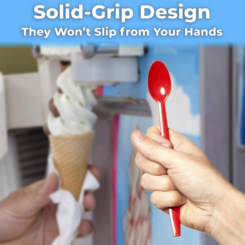 Extra Long, Sturdy Red 8in Premium Sundae Spoons 50ct. Heavy Duty Disposable Plastic Utensils for Ice Cream, Milkshakes, Tea and Floats. Best Stir...