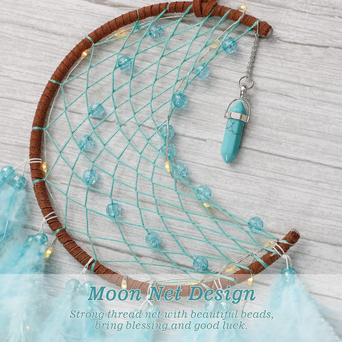 Dremisland Moon Dream Catcher with Fairy Lights-Handmade Feather Lucky Turquoise Pendant Beads Wall Hanging Ornament for kids Bedroom Home Decorat...
