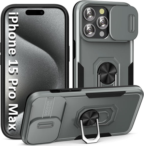 ADDIT Case for iPhone 15 Pro Max Phone Case iPhone 15 Pro Max Case, with Slide Camera Cover and Stand Ring, Support Magnet Car Mount, Military Gra...