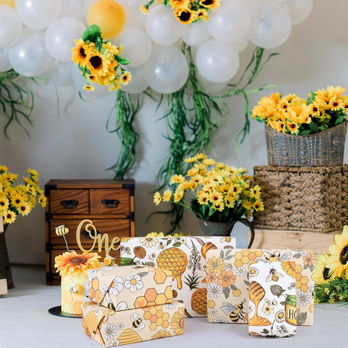 Bolsome 12 Sheets 28 * 20 Inches Bee Wrapping Paper Honeycomb Sunflower Honeybee Patterned Gift Wrap Paper for Baby Shower Spring Holiday Birthday...