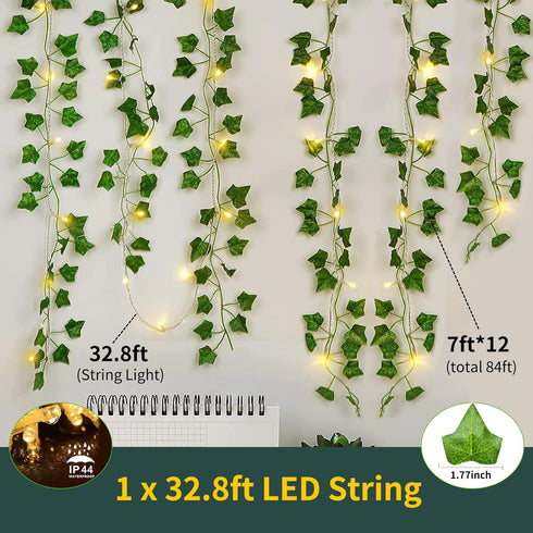 KASZOO 84Ft 12 Pack Artificial Ivy Garland Fake Plants, Vine Hanging Garland with CE Certified 80 LED String Light, Hanging for Home Bedroom Garde...