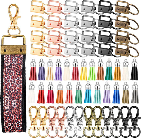 Furge 72 Pieces Key Fob Hardware Set Including 24 Wristlet with Keyring, Colorful Leather Keychain Tassel and Swivel Snap Hooks for Supplies, 6 Co...