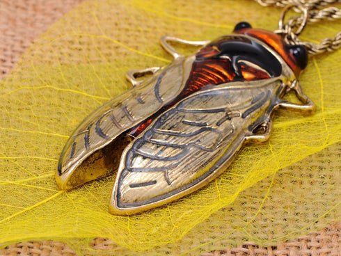 Alilang Big Antique Golden Tone Orange Amber Vintage Insect Cicada Beetle Bug Chain Pendant Necklace...