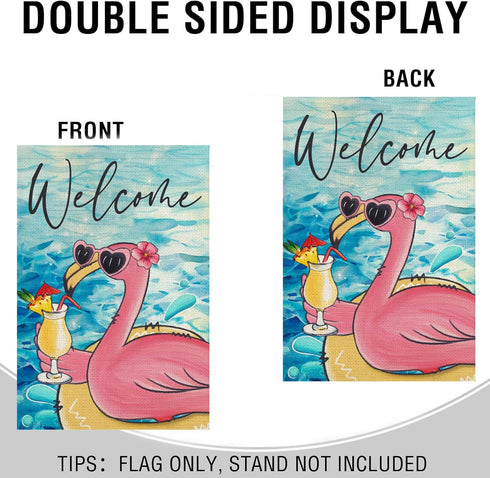 Garden Flags for Outdoor, Summer Tropical Flamingo Drink Juice Welcome Small Yard Flags for Outside, Swimming Pool Decoration for Party Holiday 28...