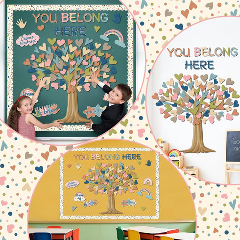 Boho Classroom Tree Bulletin Board Decorations Heart Cutouts Border Welcome Classroom You Belong Here Bulletin Board Decor Supplies for Chalkboard...