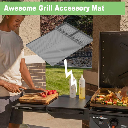 Silicone Grill Side Shelf Mat for Blackstone BBQ Grill, 3 in 1 Silicone Spatula Mat with Drip Pad,Large Silicone Utensil Rest for Multiple BBQ Gri...