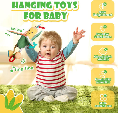 Hanging Rattles Toys, Car Seat toys for babies 0-6 months, Newborn Crib Toys Sensory Corn Soft stuff Baby Stroller Toys with Crinkle, Squeaky & Te...