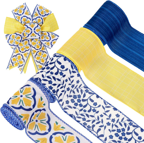 Boho Wired Edge Ribbon Blue Yellow Stripe Plaid Floral Leaves Fabric Craft Ribbon for Wedding Birthday Bridal Shower Wreath Bow Making, 4 Rolls, 2...