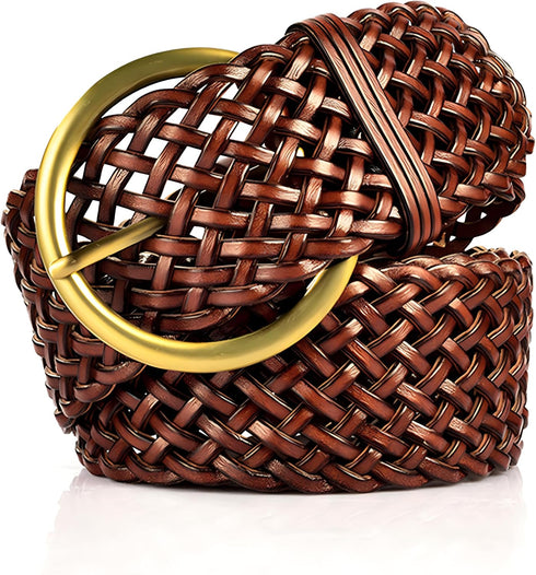 2 Inch Wide Leather Braided Belts for Women 100% Hand Made Soft Woven Waistbands with Round Golden Pin Buckle...