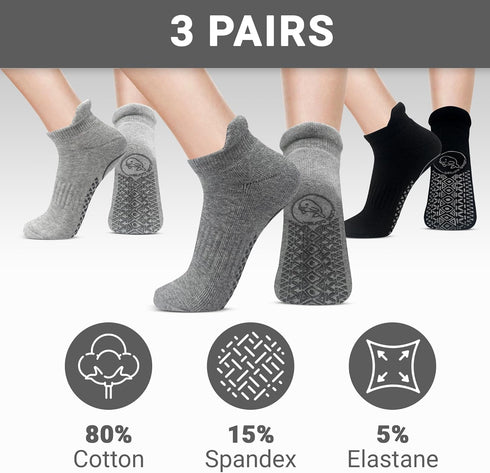 Ankle Socks Set with Non Slip Grips for Yoga, Pure Barre, Exercise, Pilates, Hospital Socks with Breathable Pouch for Women Men Adult Unisex 3 pai...