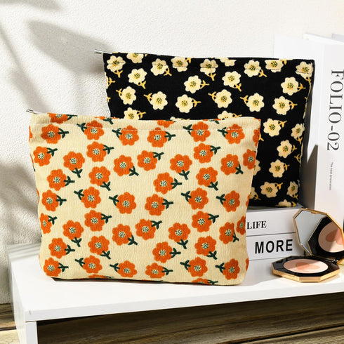 2 Pieces Orange Black Flower Makeup Bag Large Corduroy Cosmetic Bag Capacity Canvas Travel Toiletry Bag Organizer Cute Makeup Brushes Aesthetic Ac...
