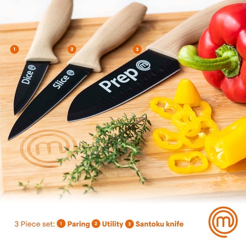 MasterChef Knife Set of 3 Kitchen Knives for Cooking (Chef, Paring & Utility), Professional Sharp Stainless Steel, Non Stick Blades & Soft Touch H...