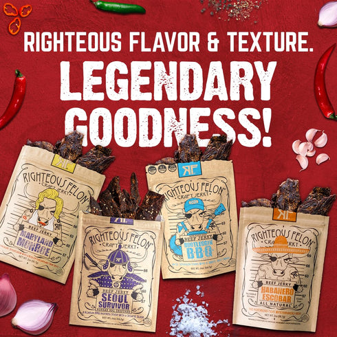 Righteous Felon Beef Jerky Variety Pack | Gluten Free Snack Packs for Adults | High Protein, Keto, Low Sugar | Made with Premium Meats | Gifts for...