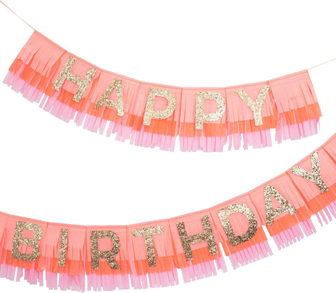 Meri Meri Rainbow Fringe Happy Birthday Banner - 8' Party Garland with Excess Cord...