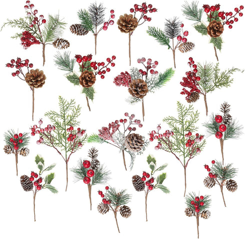 Crafare 20 Pack Artificial Christmas Tree Picks Assorted Red Berry Pine Picks Spray with Pinecones Apples Holly Leaves Winter Holiday Season Déco...