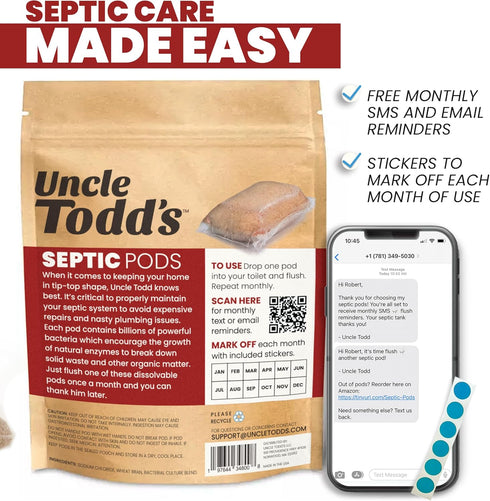 Uncle Todd's Septic Pods - Septic Tank Treatment - 6 Count Six Months Supply - One Flush per Month - Free SMS & Email Reminders - Eco-Friendly and...