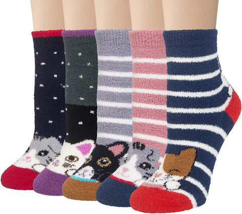 YSense Fuzzy Socks for Women 5 Pairs Warm Fluffy Winter Stocking Soft Cute Cat Animal Socks...