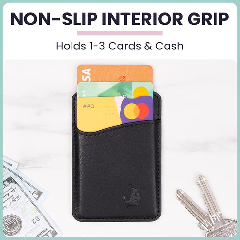 Premium Leather Phone Card Holder - Stick On Wallet for iPhone and Android Smartphones - Minimalist Style with Non-Slip Lining Secures Up to 3 Car...