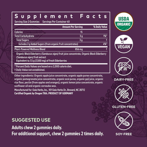 Gaia Herbs Black Elderberry Adult Daily Gummies - Delicious Immune Support Supplement - Made with Certified Organic Black Elderberries for Immune ...