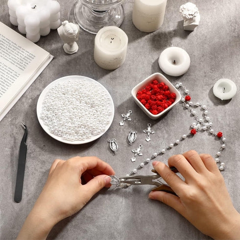 610 Pcs Rosary Pearl Beads Carved Rose Beads Rosary Cross Centerpiece Crucifix Medal, Rosary Making Supplies Silver Jesus Maria Pendant for Rosary...