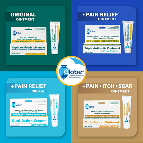 Globe Triple Antibiotic + Pain Relief Dual Action Ointment 1oz | First Aid Antibiotic | Soothes Pain, Cuts, Burns and Scrapes | 24 Hour Infection ...