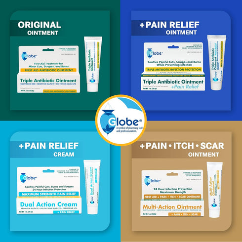 Globe (4 Pack) First Aid Antibiotic Scar Minimizing Pain-Relief, Anti-Itch Ointment with Neomycin, Bacitracin Zinc, Pramoxine HCl & Polymyxin B, f...