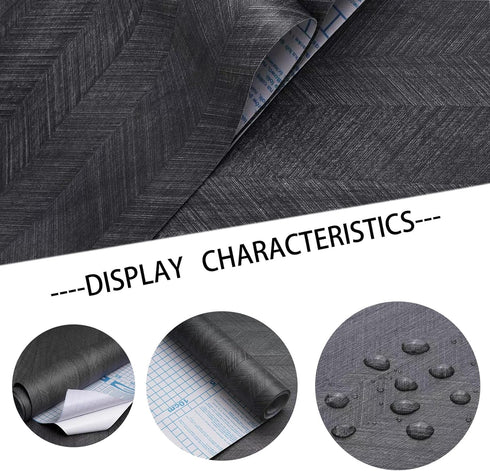15.7"X118" Black Wood Wallpaper Peel and Stick Fishbone Textured Wood Contact Paper Self Adhesive Removable Wallpaper Waterproof Wallpaper for Bed...