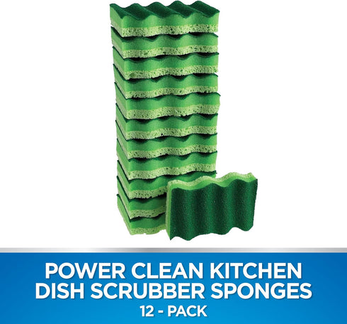 Dawn Power Clean Dual-Sided Scrubber Sponges for Dishwashing, Wave-Shaped Kitchen Sponges for Dish Cleaning, Pack of 12, Green...