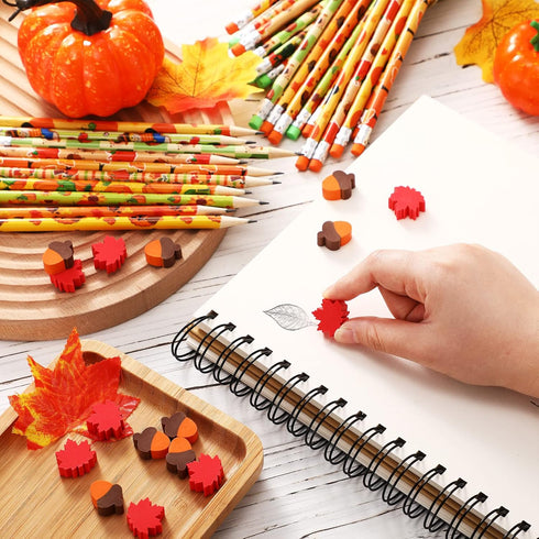 30 Set Fall Themed Pencils Thanksgiving Party Pencils Thanksgiving Wood Pencils and Bulk Mini Maple Leaf Acorn Erasers Mini Erasers for Thanksgivi...