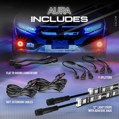 OPT7 Aura Single Row Expansion Pack - 2pc 12” RGB Multicolor LED Strips w/Splitters and Extension Wires for Interior, Wheel Well, Grille, Motorcyc...