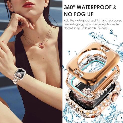 Surace Metal Band for Apple Watch Bands 40mm for Women Series 6 5 4, Bling Diamond Rhinestone Link Bracelet with 2 in 1 Waterproof Bling Case Lace...