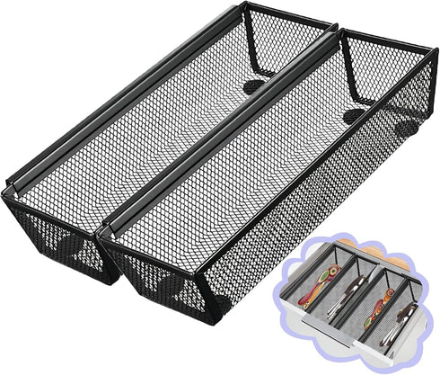 2PCS Drawer Organizer,Drawer Organizer for Kitchen,Utensil Mesh Drawer Organizer with Interlocking Arm for Cosmetic,Flatware,Pen (9 * 3 * 2 Inches...