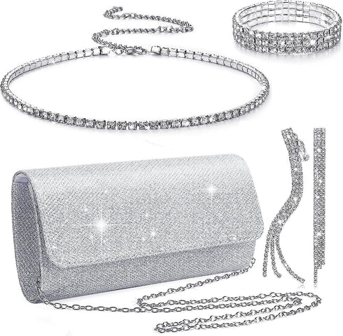 4 Pieces Women Rhinestone Evening Clutch Bag Silver Clutch Purses Bag for Women Evening Rhinestone Jewelry Set...