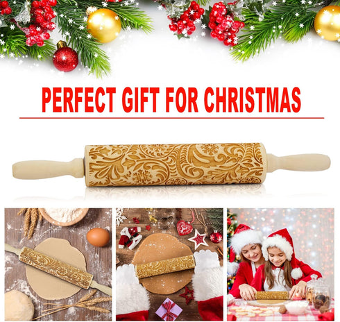 Wooden Engraved Rolling Pin with Christmas Snowflake Designs - For Baking Cookies and Decor...