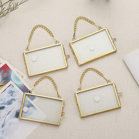 JUXYES Set of 4 Mini Brass Wall Hanging Photo Frame, Glass Hanging Picture Artwork Display Frame, Double Glass Floating Frame Style Gallery Wall F...
