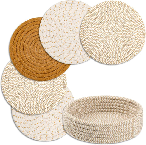 Trivets for Hot Dishes, Trivets for Hot Pots and Pans, Cotton Coasters 5 Pcs and Storage Basket 1 Pack, Pot Holders for Kitchen, Hot Pads for Tabl...