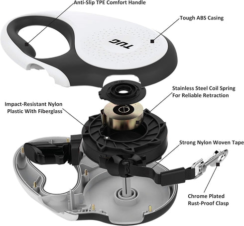 TUG 360° Tangle-Free Retractable Dog Leash | 16 ft Strong Nylon Tape | One-Handed Brake, Pause, Lock (Medium, White)...