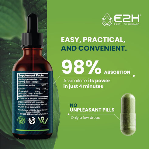E2H Chlorophyll Liquid Drops - All-Natural Flavored Energy Booster, Immune System Support and Internal Deodorant - Vegan - Gluten Free - Non-GMO -...
