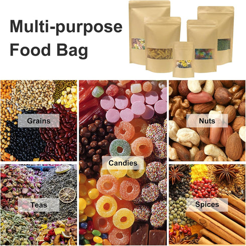 SumDirect Kraft Stand Up Pouches - 50Pcs Resealable Kraft Paper Stand Up Bags with Window, Zipper Food Storage Bags for Home or Business (50, 3.5x...