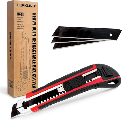 Berkling 18mm Retractable Utility Knife with 4x SK2H Snap Off Black Spare Blades (18mm 1 PACK)...